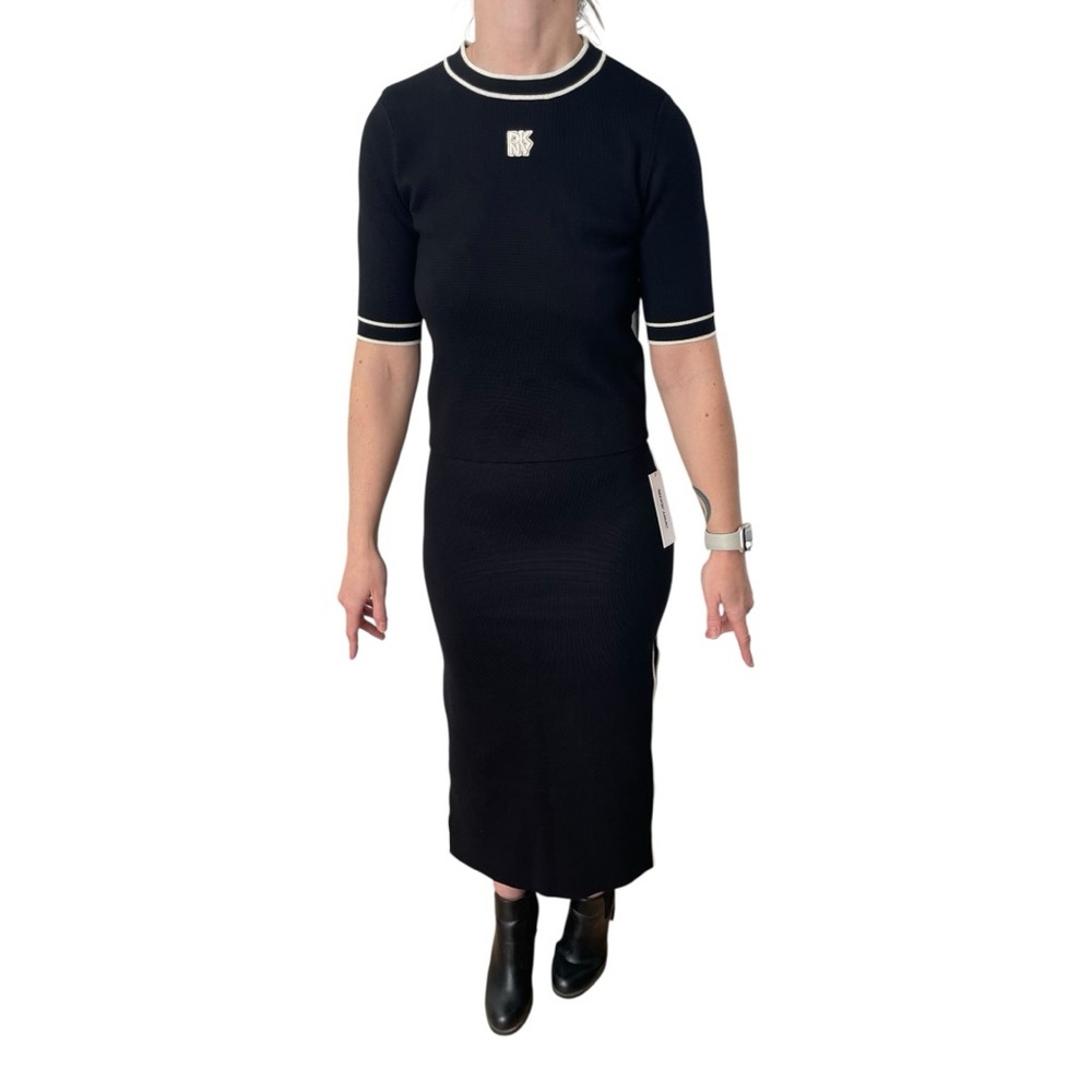 DKNY 2-PIECE SET Knit Slit Skirt & Shirt Black Eggnog Size XS MSRP$148 NWT - Picture 2 of 11